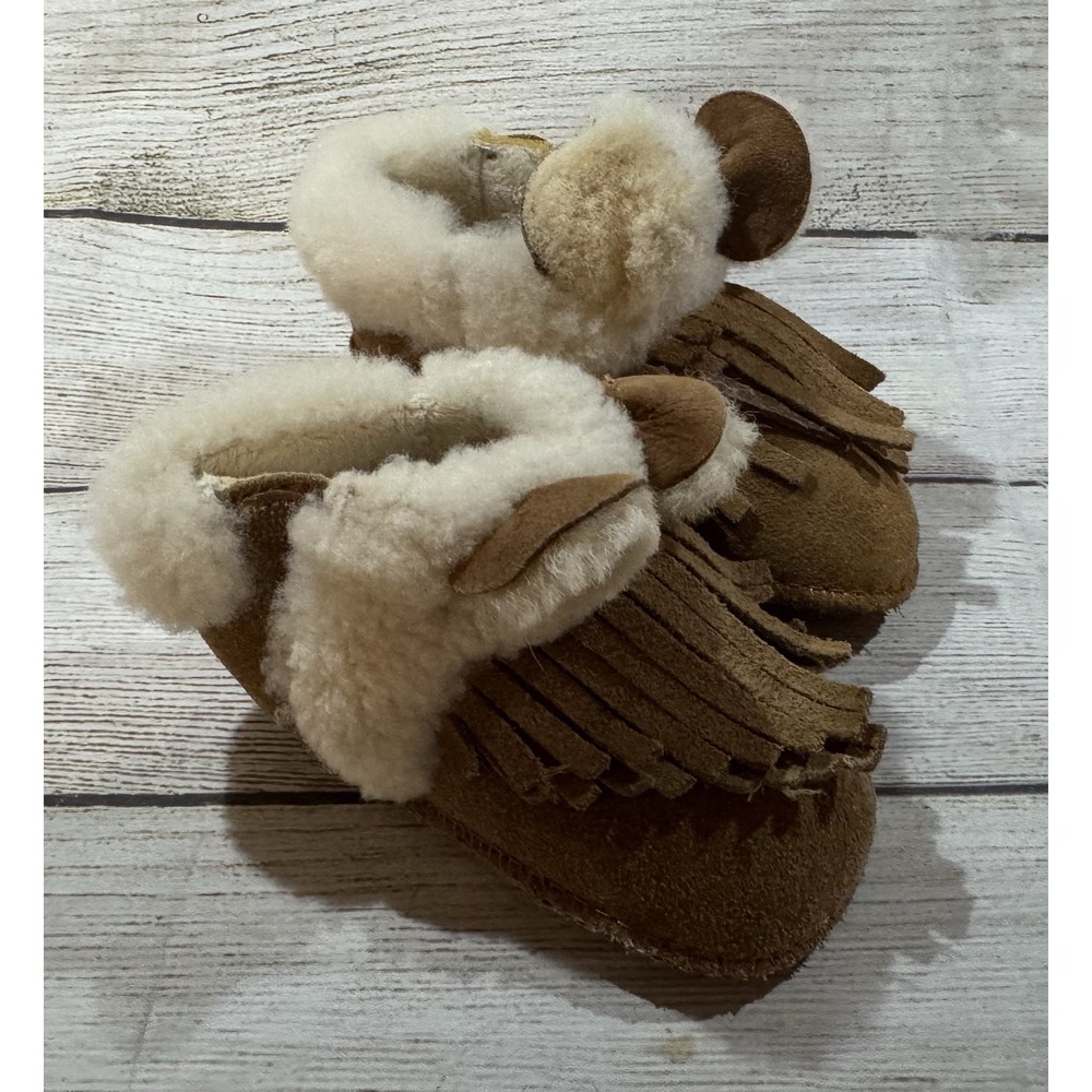UGG Darlala Baby Toddler Tan Suede Fringe Boots Shoes Sheepskin Cuff Ears Sz 2/3